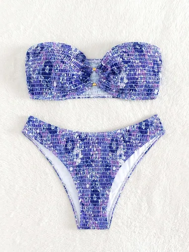 Vista 5 de WDIRARA Conjunto de bikini bandeau sin tirantes con estampado floral para mujer, traje de baño de 2 piezas con anillo