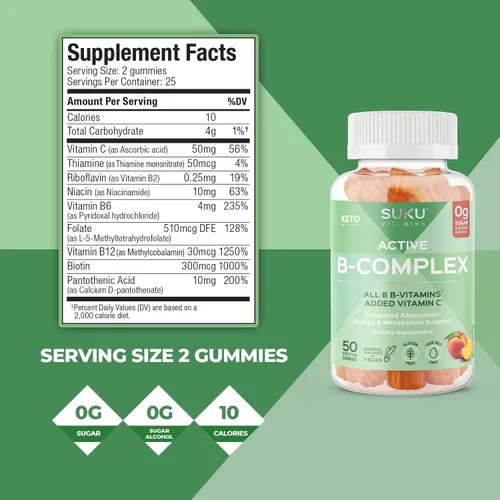 Vista 4 de SUKU - Gomitas de complejo de vitamina B con vitamina C – Suplemento de gomitas de complejo vegano de 8 vitaminas B sin azúcar aumenta el desarrollo