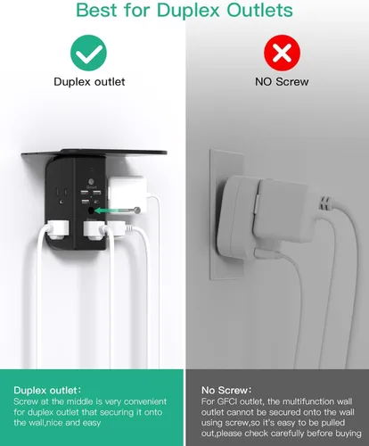Vista 7 de Extensor de toma de pared con estante y luz nocturna, protector de sobretensiones, cargador de pared USB con 5 salidas de CA y 3 puertos USB A, 1
