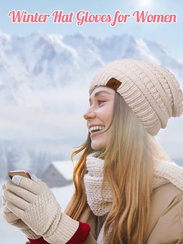 Vista 5 de Juego de 6 guantes de invierno, 3 sombreros de punto de invierno y 3 pares de guantes cálidos para pantalla táctil para mujeres y hombres al aire