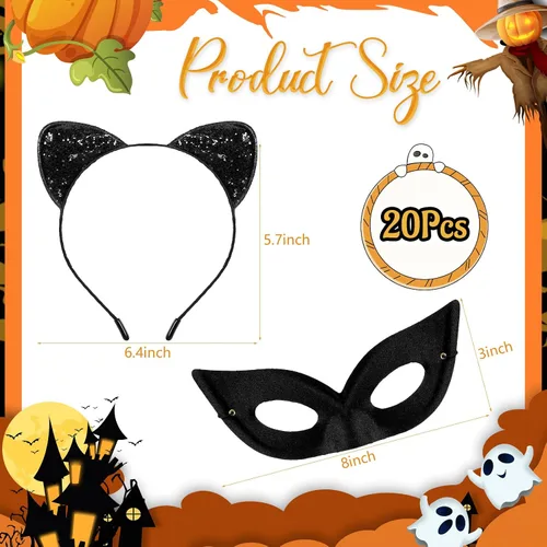 Vista 7 de Crowye 20 piezas de máscara de Halloween negro y gato con brillantina, disfraz de gato cosplay, accesorio de disfraz para mujeres y adultos, niños