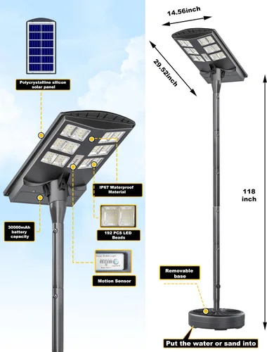 Vista 6 de JAYNLT Luces solares de calle de 4000 W para exteriores con poste de 118 pulgadas de alto, 3000 K/4000 K/6500 K 300000 LM, lámparas solares de pie