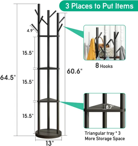 Vista 5 de kiplant Perchero giratorio con 8 ganchos, árbol de madera de bambú negro para ropa, bolsos/sombreros, perchero grande independiente para entrada
