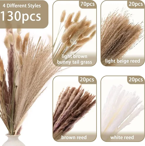 Vista 2 de DomeStar 130 piezas de hierba seca de las pampas a granel, decoración de otoño, hierba de cola de conejo natural de 18 pulgadas, ramo rústico