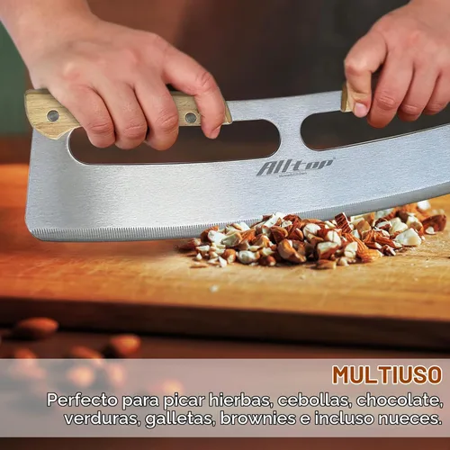 Vista 5 de ALLTOP Cortador de Pizza Basculante, Cuchillo de Hoja de Acero Inoxidable con Doble Mango de Madera y Cubierta de Plástico, Rebanadora/Picadora