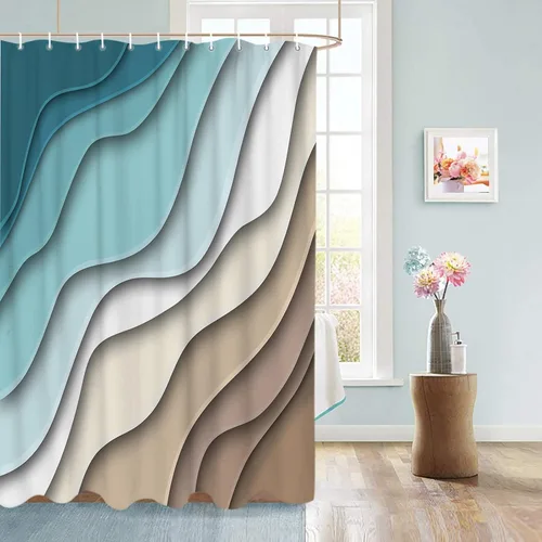 Vista 2 de BestLives Cortinas de ducha verde azulado azul moderno geométrico cortina de baño marrón abstracto ola océano impermeable tela de poliéster cortina