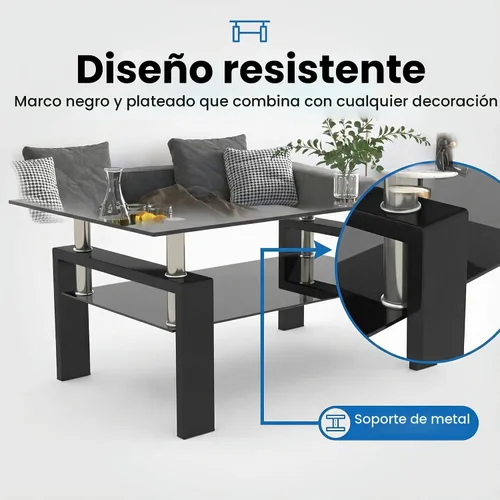 Vista 5 de Mesa de centro de vidrio rectangular Meihua de 2 niveles, mesa de té moderna, mesa auxiliar de café para sala de estar (todo negro)