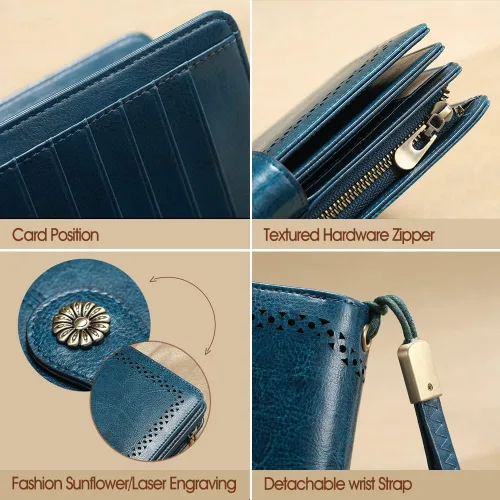 Vista 7 de CHANPINCL RFID - Carteras largas vintage para mujer seguras de gran capacidad de viaje con múltiples tarjetas Amarillo Clásico
