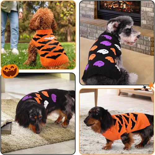 Vista 4 de Suéter de Halloween para perro Queenmore, disfraz de Halloween para perritas pequeñas, suéter de Halloween para gatos, suéter de punto de temática