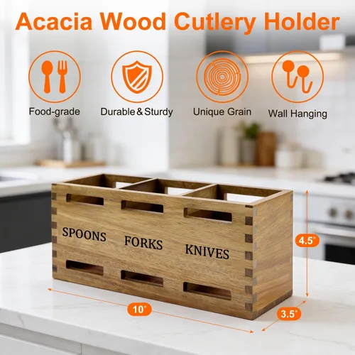 Vista 5 de Organizador de cubiertos de madera de granja, soporte para cubiertos de madera de acacia, para encimera de cocina, organizador de cubiertos, cuchara