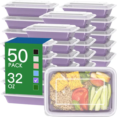 Vista 8 de Paquete de 50 (100 piezas) Recipientes para Preparación de Comidas de 32 oz Reutilizables con Tapas de Apertura Fácil, Resistentes a Prueba de Fugas
