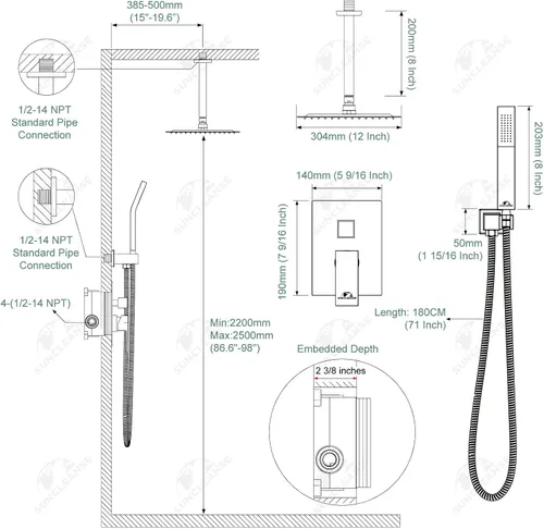 Vista 8 de SunCleanse juego de grifos con regadera tipo lluvia en oro cepillado, juego combinado para baño con cabezal de alta presión de 25.4 cm con válvulas