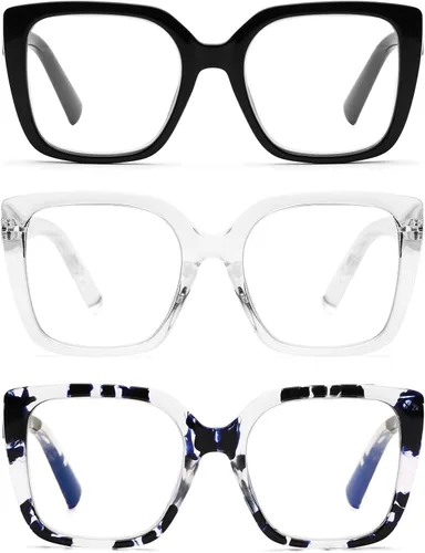 Vista 7 de DOOViC 3 Pack Oversized Reading Glasses for Women Blue Light Blocking Square Stylish Computer Readers
