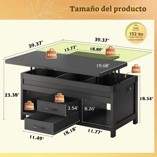 Vista 3 de WLIVE - Mesa auxiliar elevable de 40 pulgadas con almacenamiento, mesa Negro