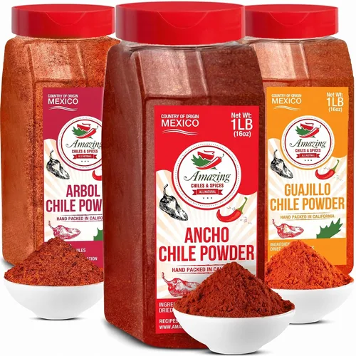 Vista 10 de Chile Powder Variety Pack 4oz cada Ancho Guajillo Arbol Molido Chili Pepper