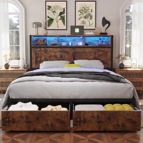 Vista 8 de Marco de cama Queen estilo granja con cabecero con estantería y cajones de almacenamiento, luces LED y estación de carga, no necesita somier, sin