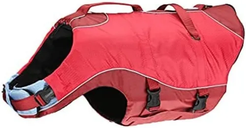 Vista 4 de Kurgo Surf n' Turf Life Jacket, Chili Red, Small Life Vest for Active Water Dogs, 2 Control Handles, 3 Adjustment Points, Reflective Trim, Leash