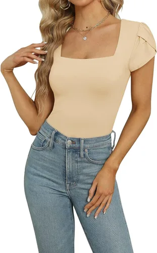 Vista 2 de PINKMSTYLE Body de manga corta con cuello cuadrado para mujer, camiseta básica casual de verano