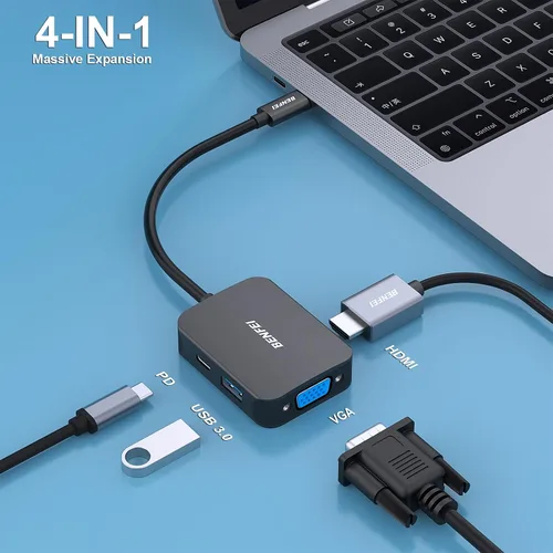 Vista 2 de BENFEI USB C HUB 4 en 1, adaptador USB tipo C a HDMI VGA, adaptador USB C a USB, entrega de energía USB tipo C, compatible con iPhone 15 Pro/Max