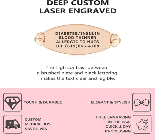 Vista 2 de Divoti Pulseras de alerta médica para mujer, pulsera de identificación médica de filigrana de oro rosa PVD grabada personalizada, con malla