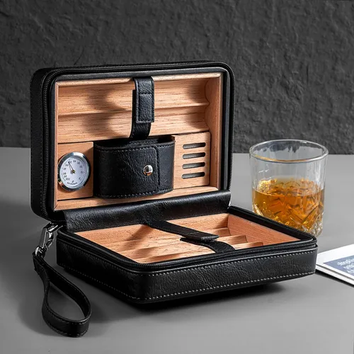 Vista 3 de Goshentech Estuche de cuero de madera de cedro, capacidad: 6 piezas, estuche de viaje portátil (Negro)