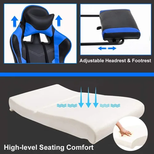 Vista 5 de Silla de juegos de PC ergonómica con función de masaje azul, silla de oficina resistente, soporte lumbar con reposabrazos reposapiés