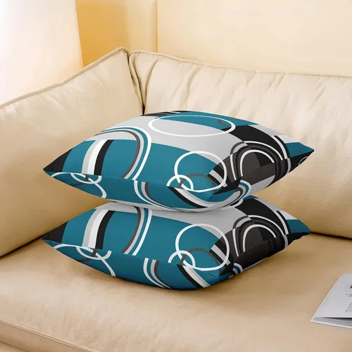 Vista 3 de Juego de 4 fundas de almohada geométricas modernas de turquesa con rayas en gris, negro y azul, cojines decorativos con espirales circulares retro