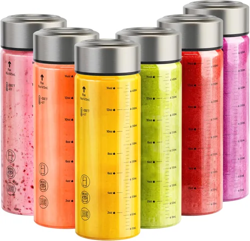 Vista 14 de Botellas de jugo de vidrio de 12 onzas – Pack de 4 botellas de agua de vidrio con tapas de acero inoxidable – A prueba de fugas, sin BPA, vidrio