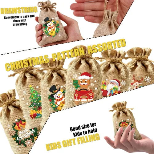 Vista 3 de LOMIMOS 36 Bolsas de Arpillera con Cordón Navideñas, Bolsas Reutilizables de Lino Yute para Regalos Dulces Caramelos Envoltorio Obsequios