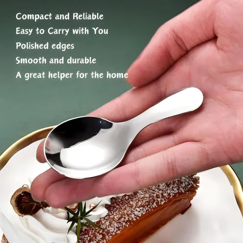 Vista 7 de 5 cucharas de mango corto, mini cucharas de acero inoxidable, cuchara redonda gruesa para condimentos de sal, postre, té, café (negro)