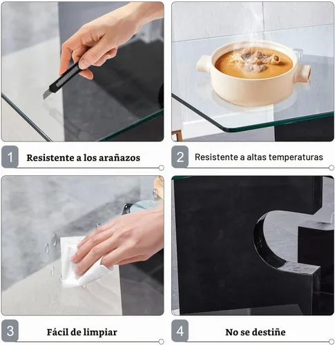 Vista 5 de Ebullient Juego de mesa de comedor de cristal de 63 pulgadas para 6, mesa de comedor de vidrio negro y base de MDF, mesa de cocina rectangular Mesa