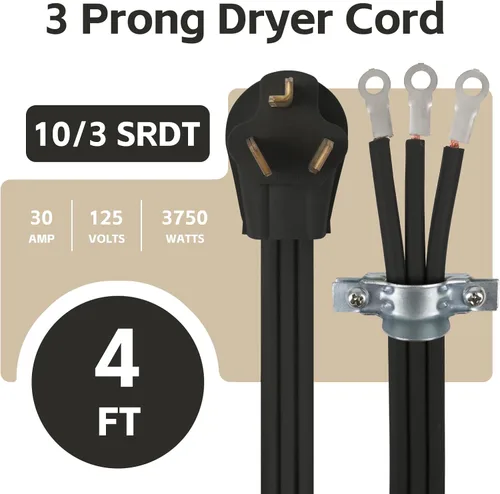 Vista 2 de Cable de secado de 3 puntas, 4 pies SRDT 10/3, cable de alimentación de extensión de electrodomésticos de 30 amperios, NEMA 10-30, negro