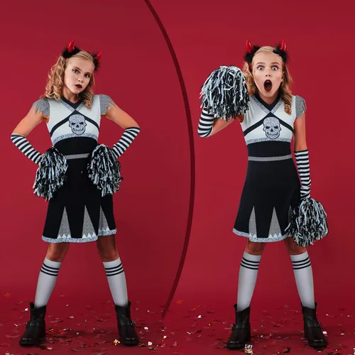 Vista 5 de Haull 9 piezas de disfraz de animadora para niñas, disfraz de animadora rebelde Ra Ra Ra para Halloween, cosplay