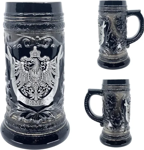 Vista 3 de Essence of Europe Gifts OktoberfestHaus - Vaso de cerveza de cerámica con emblema de metal Bier Krug de 0,6 litros (águila) alemán (águila)