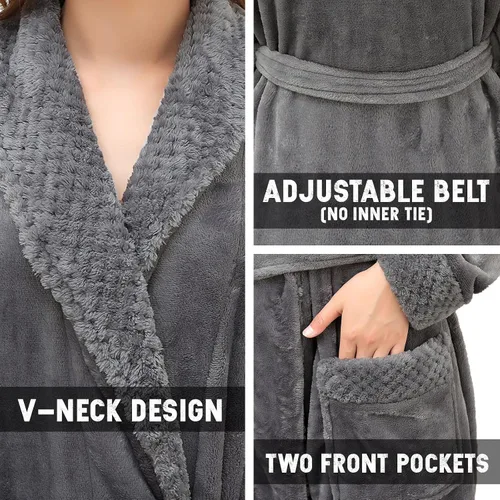 Vista 3 de Hellomamma Bata de baño larga para mujer, de felpa suave, de forro polar, camisón para mujer, pijama, ropa de dormir