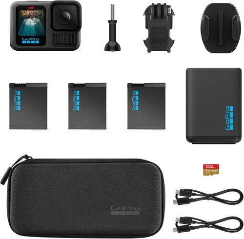 Vista 6 de GoPro HERO13 Black Extended Power Bundle - Dual Charger, 3 Enduro Batteries, 1 Curved Adhesive Holder, 64GB MicroSD Card, Mounting Clip + Thumb