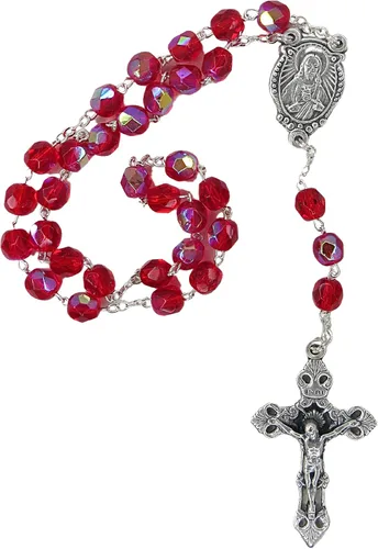 Vista 2 de Juego de tarjeta de oración católica y rosario, coronilla de la sangre más preciosa y cuentas rojas con crucifijo en tono plateado y medalla