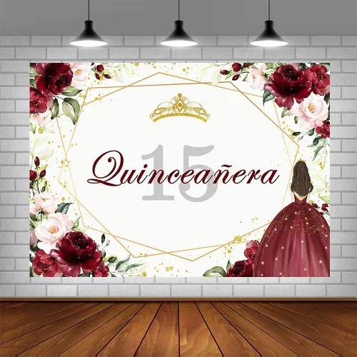 Vista 4 de Telón de fondo de feliz cumpleaños número 15 de 7 x 5 pies para niña, quinceañera, fondo de flores rojas burdeos, corona dorada, decoración