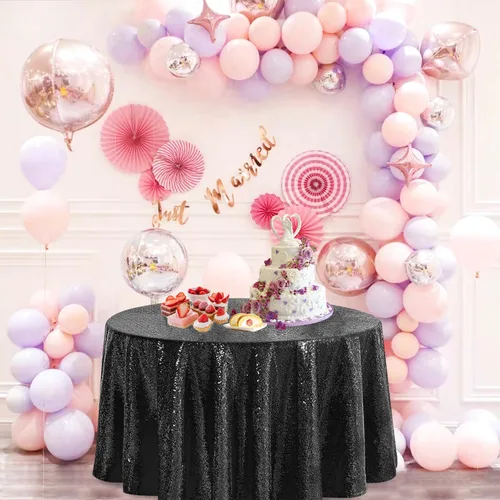 Vista 8 de Pufogu Mantel redondo de lentejuelas negras de 50 pulgadas con purpurina negra para decoración de cumpleaños, boda, despedida de soltera, baby Negro