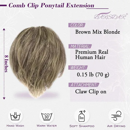 Vista 3 de BARSDAR 2 piezas de cabello desordenado de moño + clip de garra, extensión de cola de caballo de cabello humano corto con metales flexibles, marrón