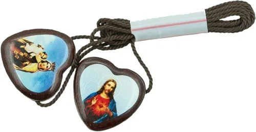 Vista 2 de Catholica Shop Escapularios de madera con cordón marrón con medallas Sagrado Corazón de Jesús y Nuestra Señora del Monte Carmelo. Escapularios