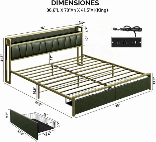 Vista 2 de LIKIMIO Marco de cama tamaño King con 2 cajones y estación de carga