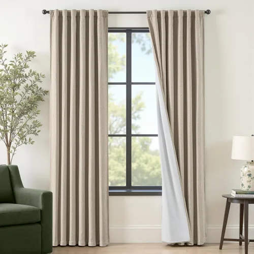 Vista 9 de Cortinas opacas completas de 63 pulgadas de largo para dormitorio, cortinas texturizadas de lino beige con forro con aislamiento térmico, cortinas