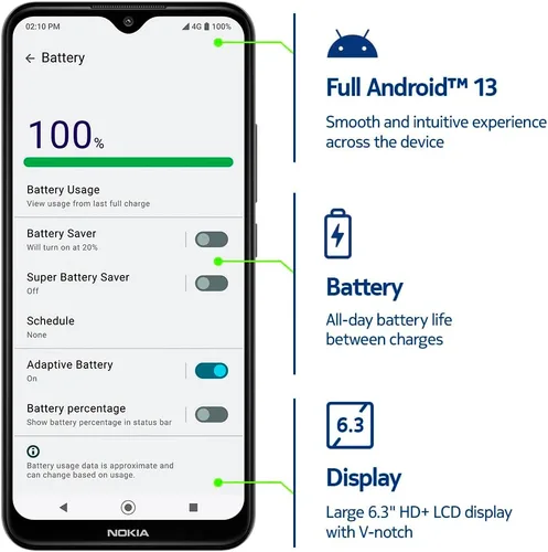 Vista 6 de Nokia C210 T-Mobile, AT&T, Cricket Android 13 Smartphone desbloqueado Batería para todo el día Versión estadounidense 3/32 GB Pantalla