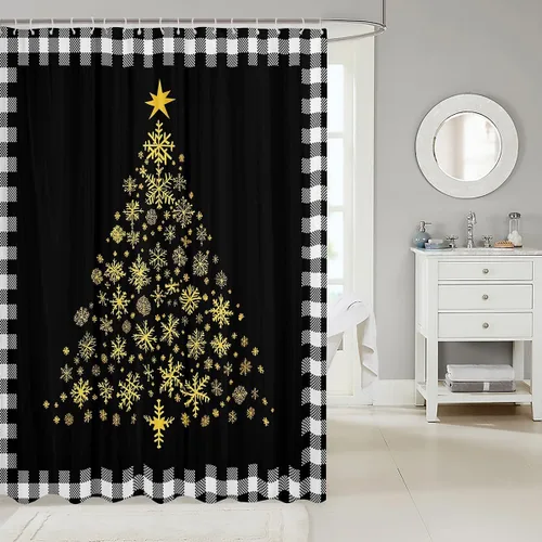 Vista 2 de Homewish Cortina de ducha de árbol de Navidad, juego de cortina de ducha de baño con diseño de copo de nieve dorado para niños y adultos, cortina