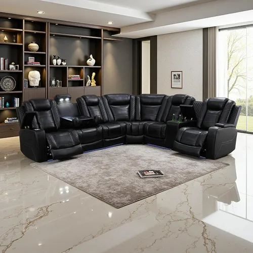 Vista 22 de Juego de sofá modular reclinable eléctrico con luz LED, sofás seccionales de cuero, juegos de muebles de sala de estar, modernos juegos de sofá