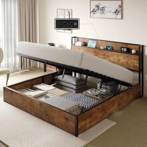 Vista 11 de AMERLIFE Marco de Cama de Almacenamiento Elevable Tamaño Completo, Marco de Cama de Plataforma de Madera con Almacenamiento Elevable y Estación