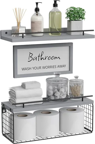 Vista 7 de WOPITUES Estantes Flotantes para Letrero de Decoración de Pared, Organizadores y Almacenamiento de Baño, Estantes de Baño Sobre el Inodoro con Negro