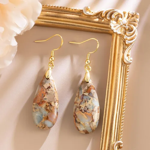 Vista 2 de Aretes colgantes de piedra para mujer, diseño de lágrima de jaspe imperial
