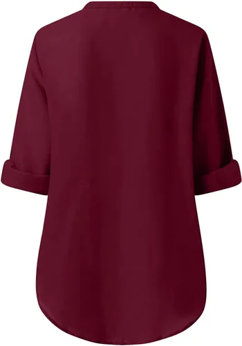 Vista 5 de Camisas enrollables de verano con cuello en V y cremallera para mujer, color liso, manga larga, tops elegantes y elegantes